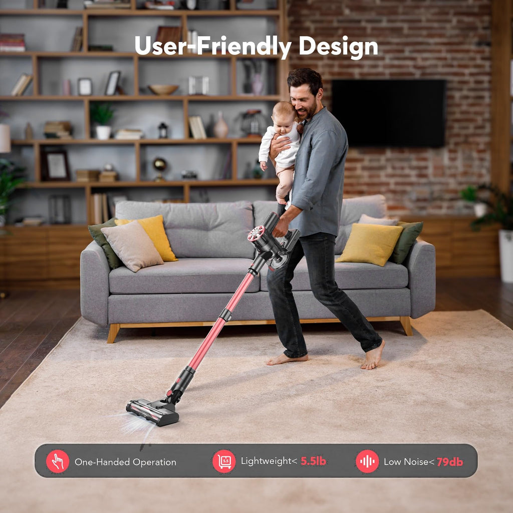 Cordless Vacuum Cleaner, 80,000PRM Stick Vacuum with 2 Powerful Suction Modes, Max 40 Mins Runtime, Protable 2600mAh Rechargeable Battery Vacuum Cleaner for Home (Pale Pink)