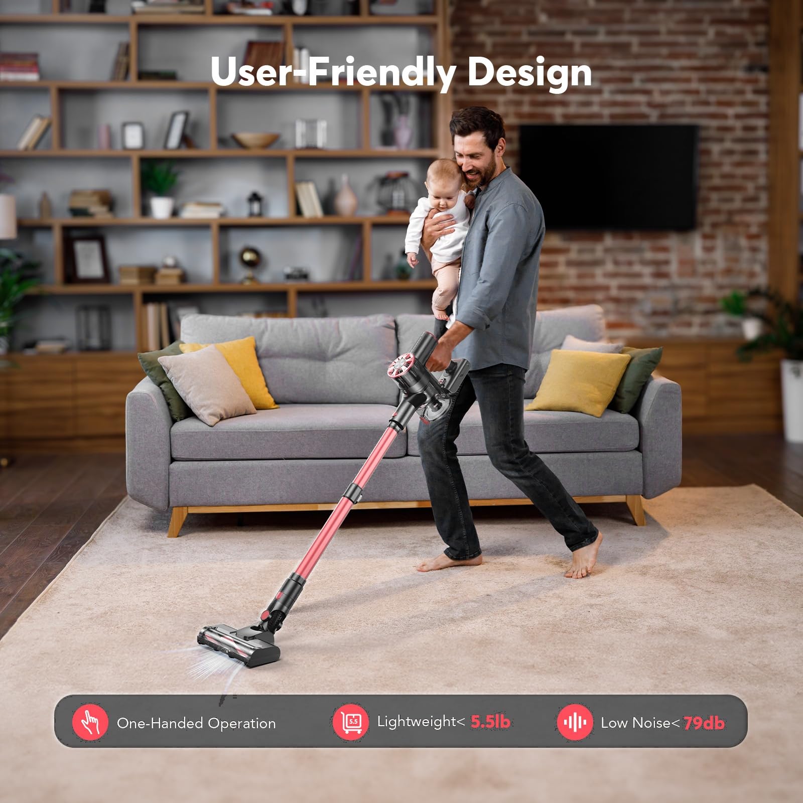 Cordless Vacuum Cleaner, 80,000PRM Stick Vacuum with 2 Powerful Suction Modes, Max 40 Mins Runtime, Protable 2600mAh Rechargeable Battery Vacuum Cleaner for Home (Pale Pink)