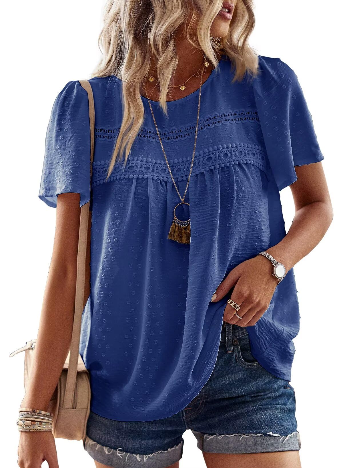 Falechay Womens Summer Tops Crewneck Short Sleeve Shirts Casual Chiffon Blouses Flowy Lace Hem Boho Clothing Trendy 2026