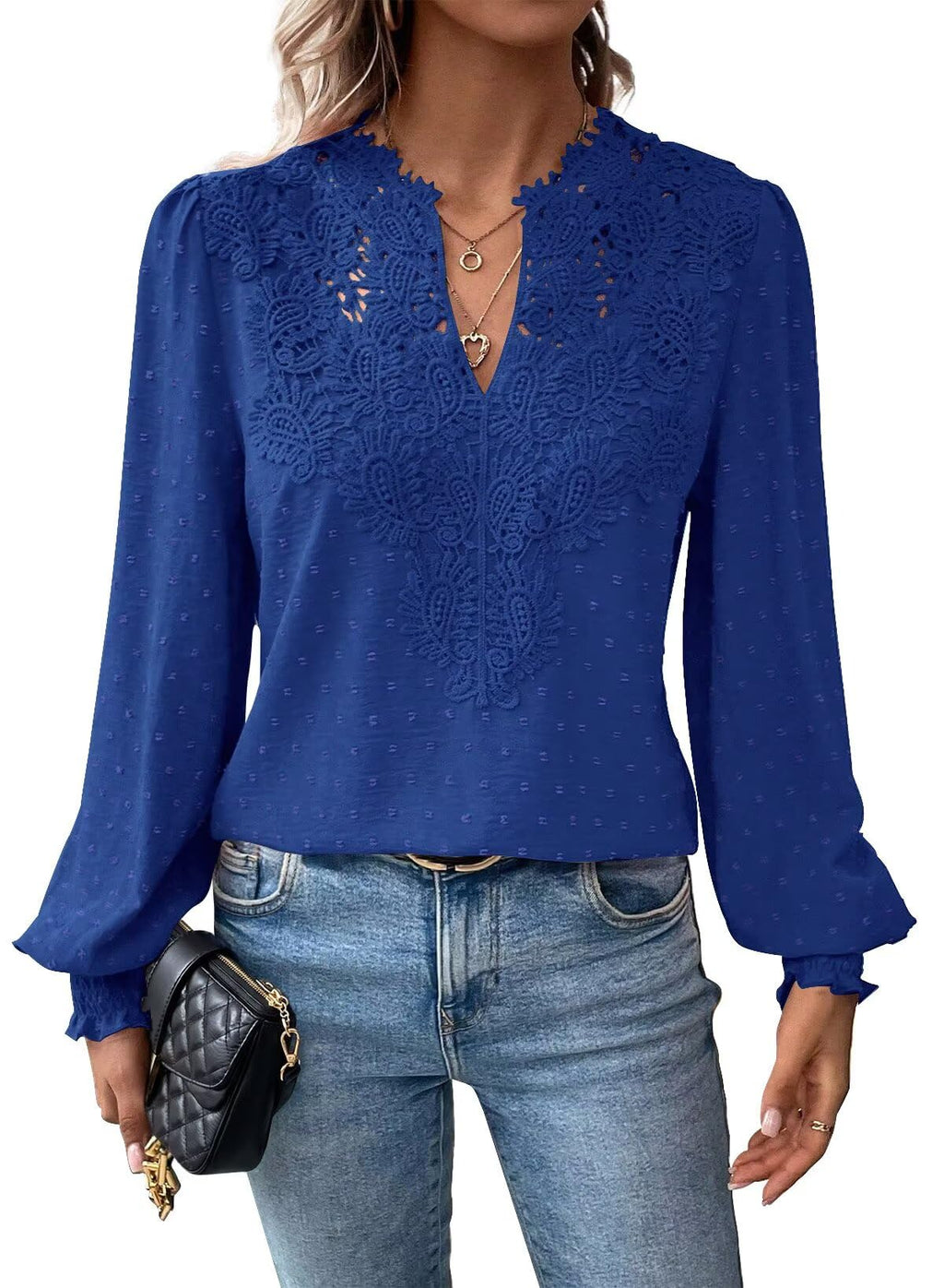 Falechay Womens Tops Swiss Dot Boho Long Sleeve Shirts V Neck Casual Chiffon Blouses Flowy Lace Hem Cute Clothing Trendy 2026