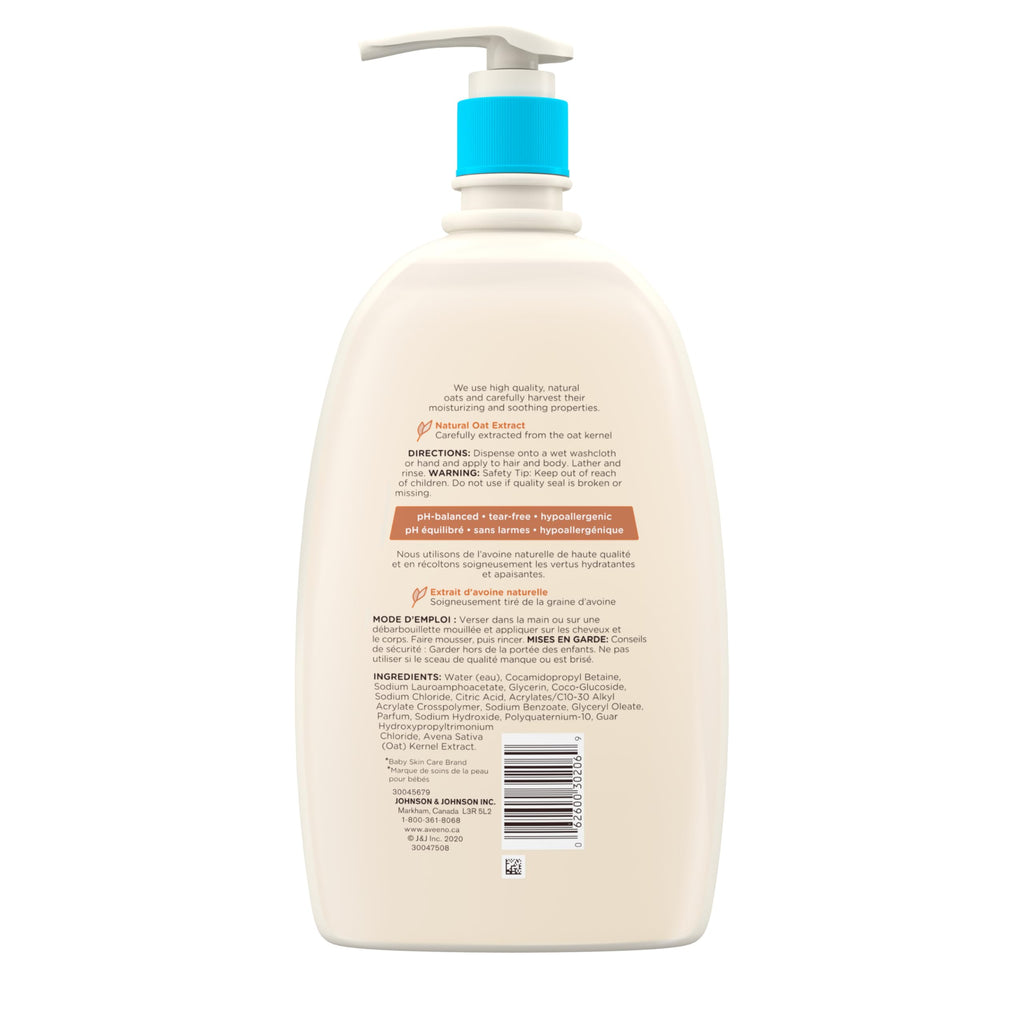 Aveeno Baby Wash and Shampoo - Gentle 2-in-1 Body Wash with Natural Oat Extract for Sensitive Skin - Tear-Free, Hypoallergenic Cleanser, Free from Parabens, Sulfates & Dyes - 975ml