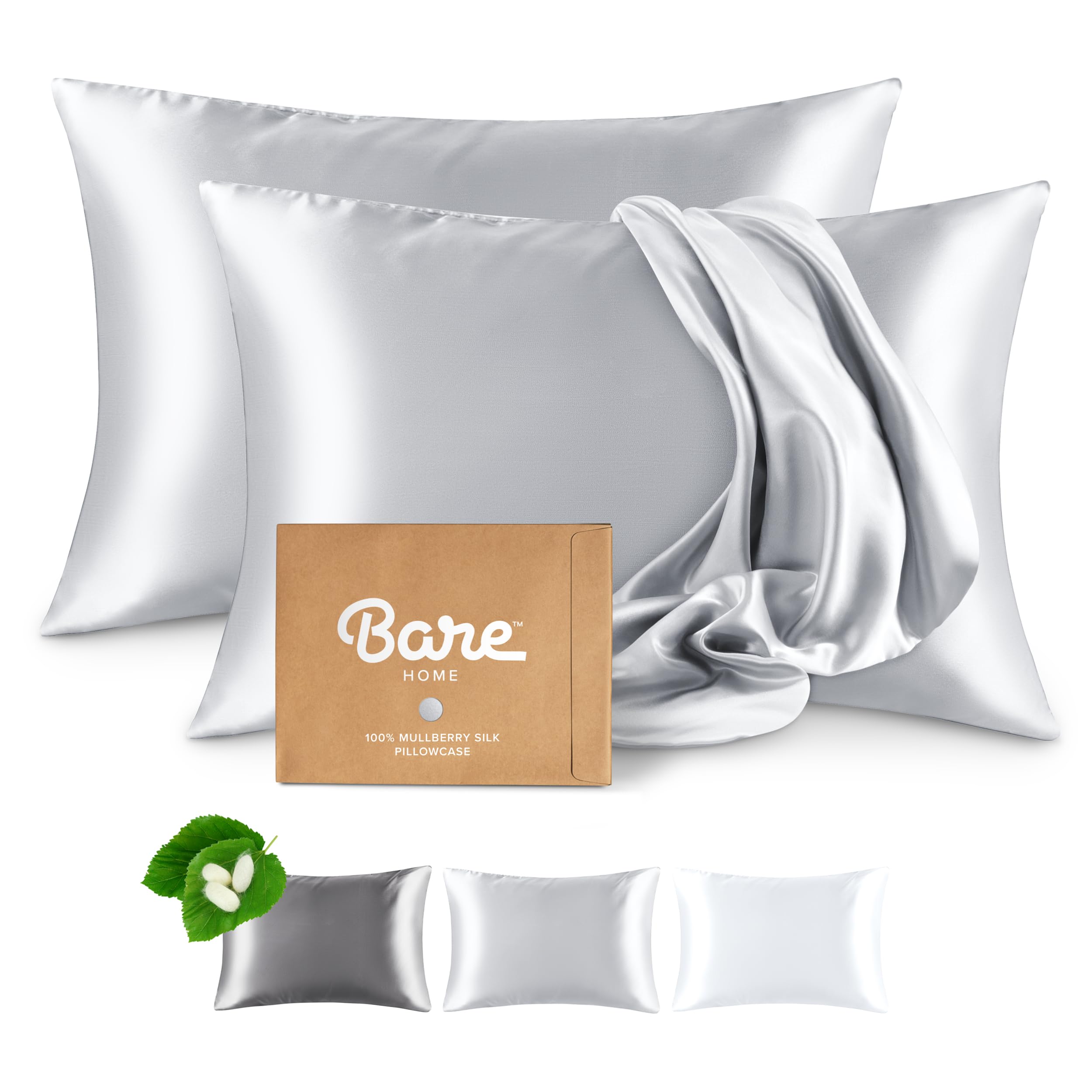 Bare Home 100% Mulberry Silk Pillowcase for Hair and Skin - Ultra Premium 6A Grade 19 Momme Silk Pillow Case - Hidden Zipper - Breathable Cooling Pillow Cover (Body, Silver)