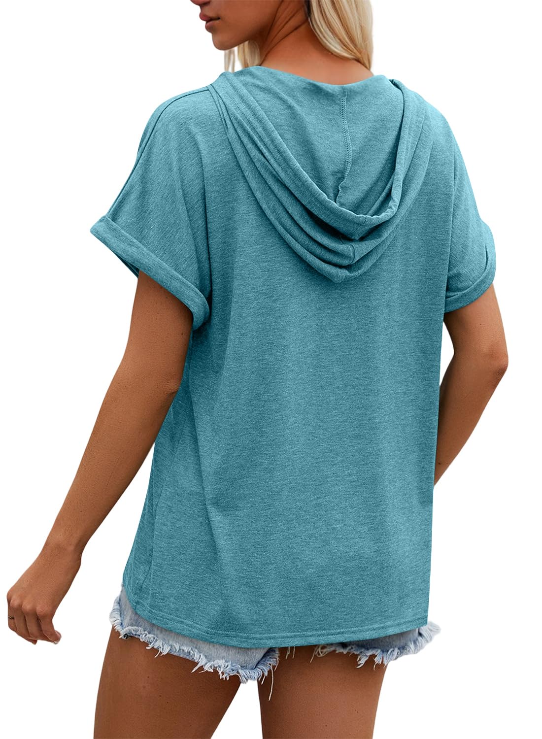 isermeo Womens Oversized Short Rolled Sleeve Summer Hoodie T Shirt 2024 Trendy Henley Button Tshirts S-XXL
