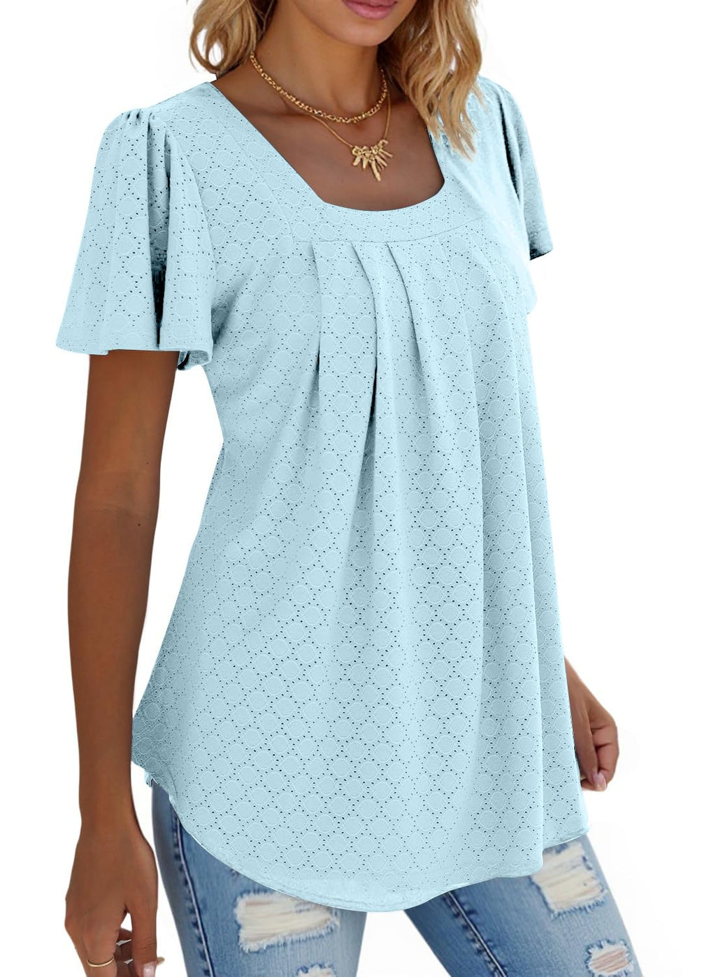 isermeo Summer Tops for Women Pleated Square Neck Ruffle Sleeve Shirts Casual Loose Flowy Curved Hem Tunic S-XXL