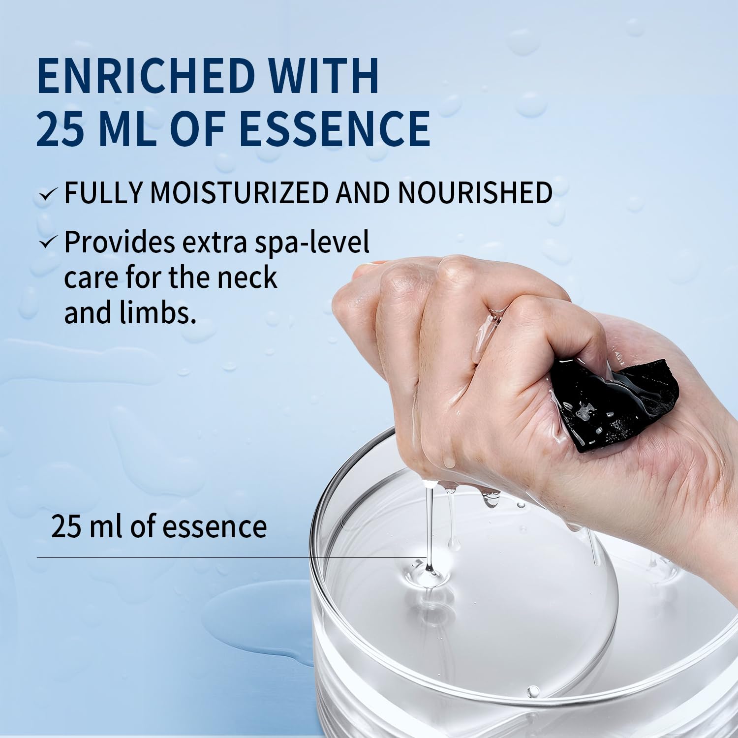 Essence de masque versée dans un bol avec gouttes, soin visage et cou.