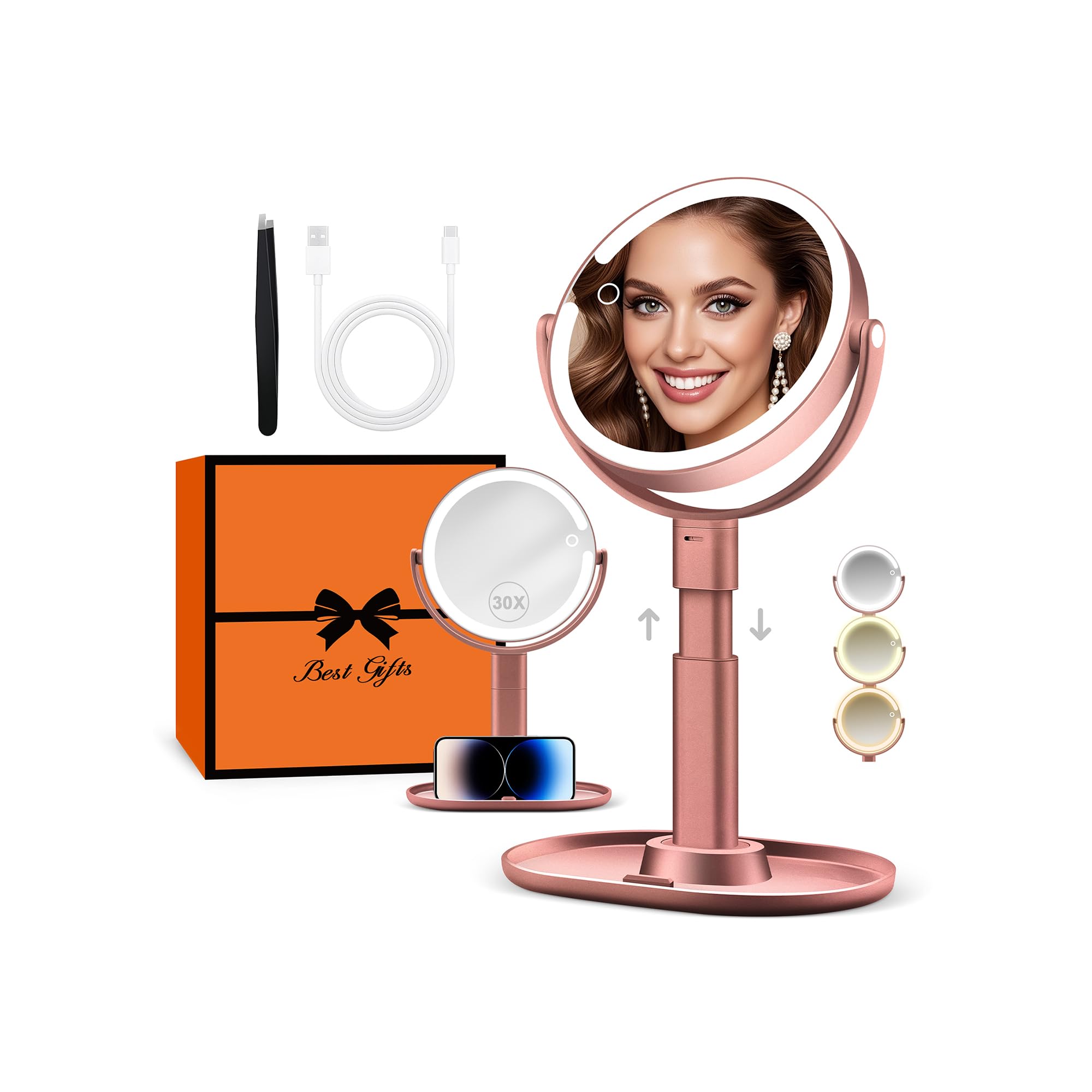 Miroir de maquillage lumineux sur pied, cadre rose, double face