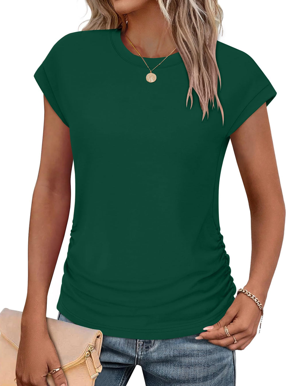 isermeo Womens Summer Tops Trendy 2026 Ruched Side Cap Short Sleeve Tshirts Crew Neck T Shirts Fashion S-XXL
