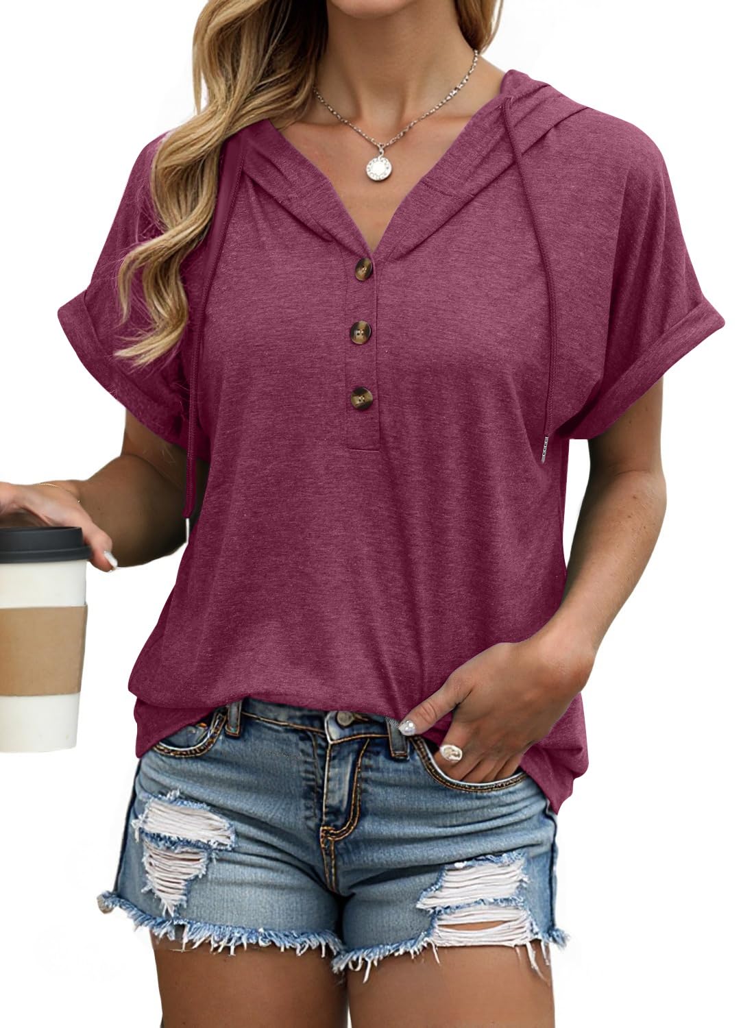 isermeo Womens Oversized Short Rolled Sleeve Summer Hoodie T Shirt 2024 Trendy Henley Button Tshirts S-XXL