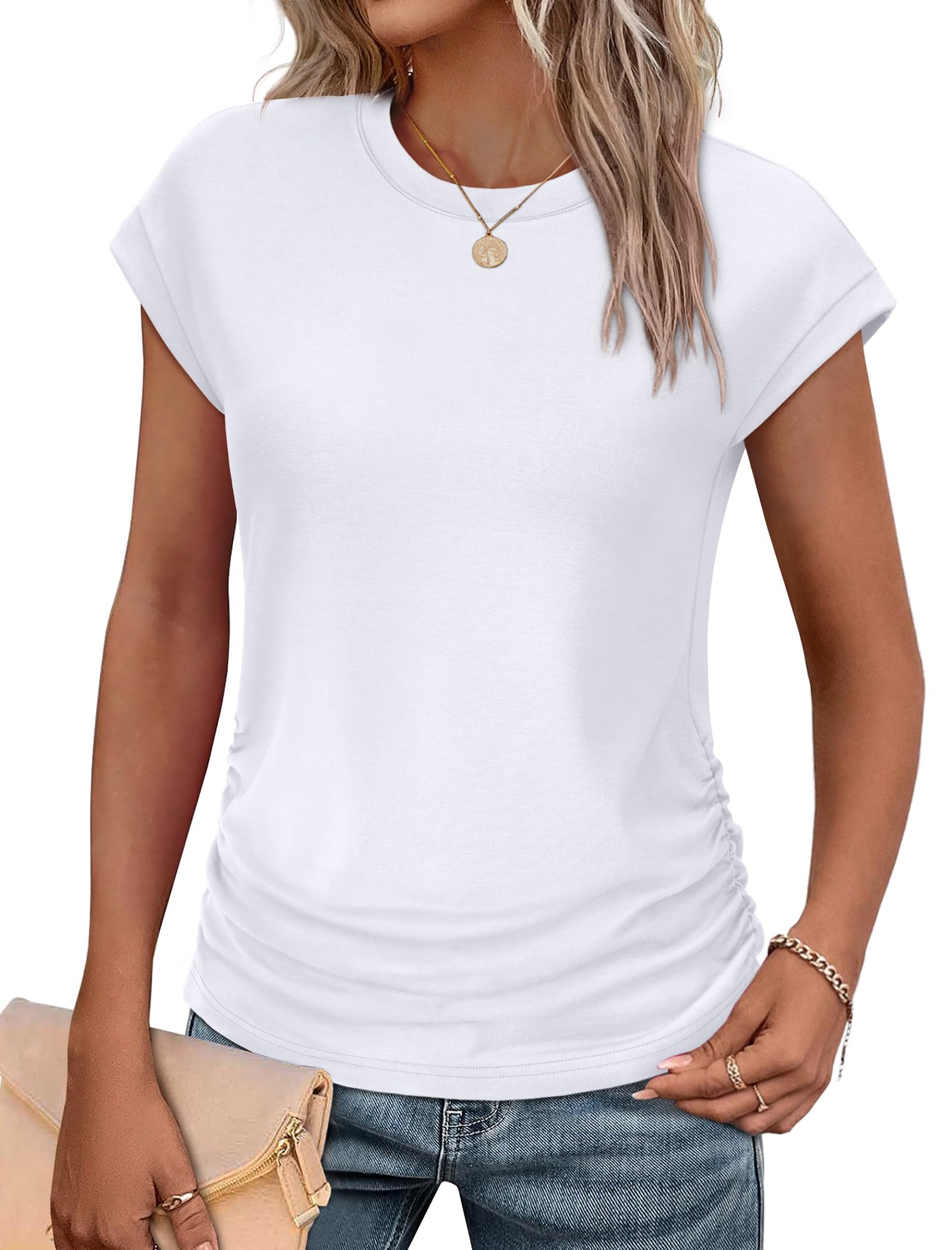 isermeo Womens Summer Tops Trendy 2026 Ruched Side Cap Short Sleeve Tshirts Crew Neck T Shirts Fashion S-XXL