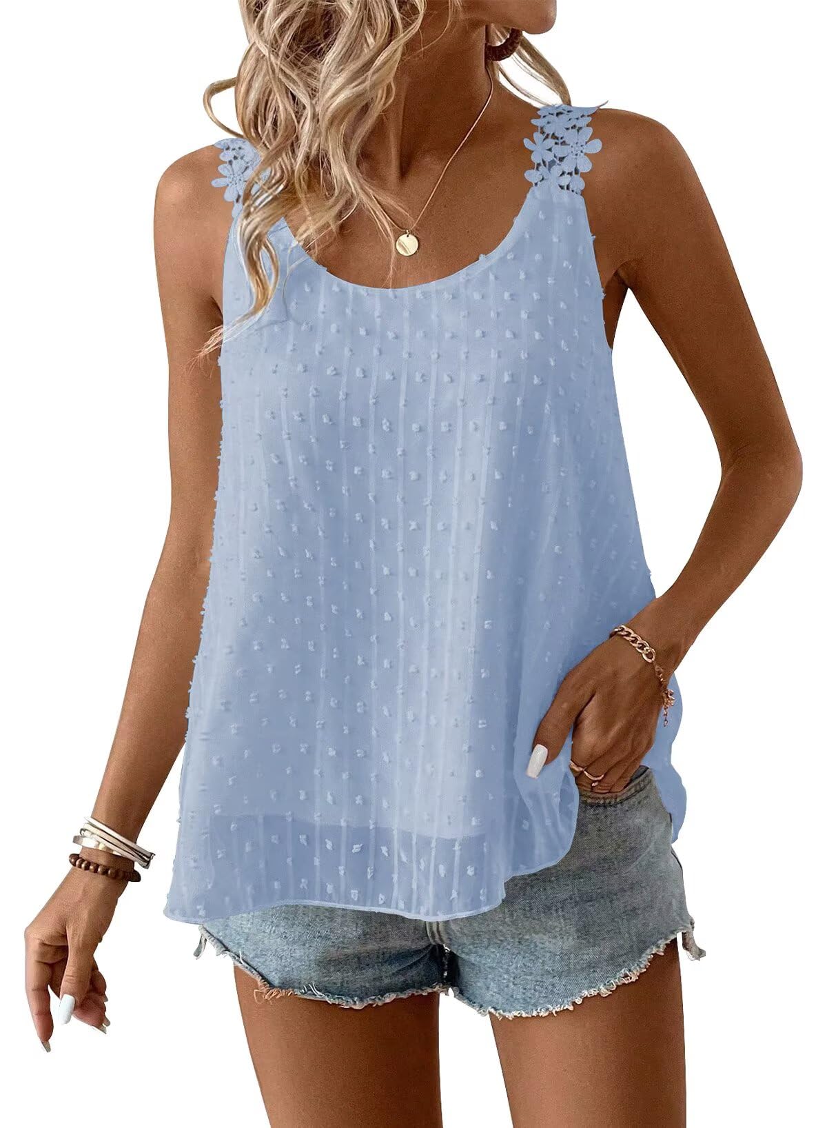 Falechay Womens Tank Tops Flowy Sleeveless Summer Boho Tank Top for Women Crewneck Spaghetti Strap Lace Camisole Shirts