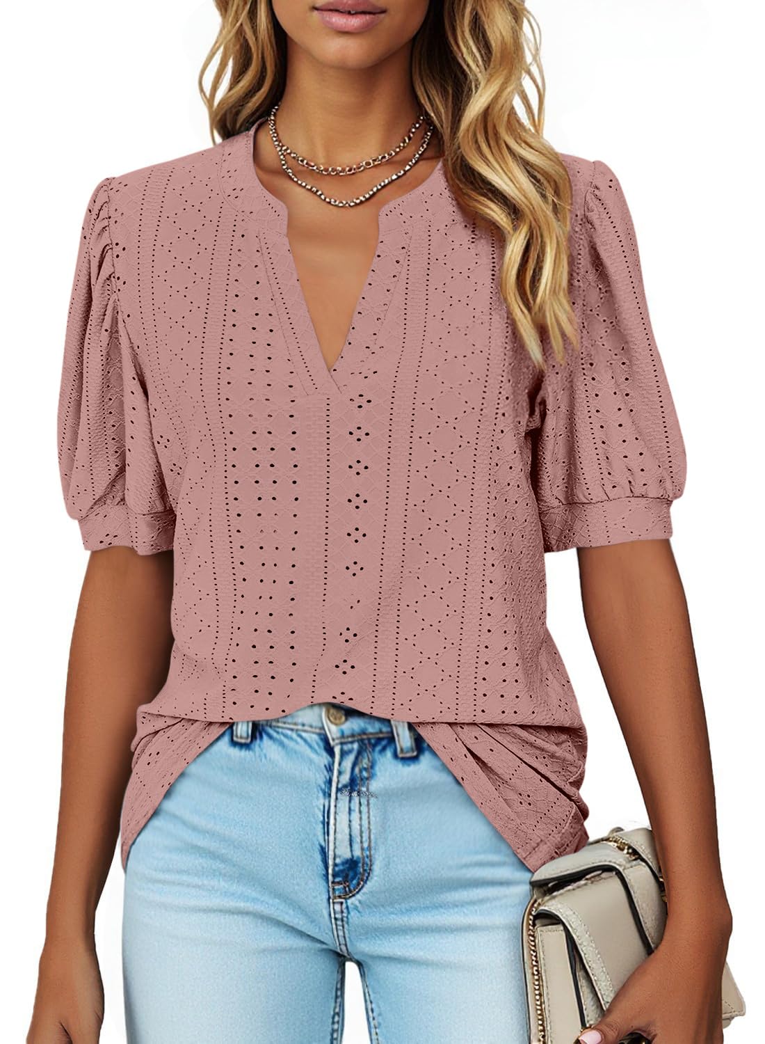 isermeo Womens Shirts Casual V Neck Tshirts Puff Short Sleeve Summer Tops Tunic Blouses S-XXL
