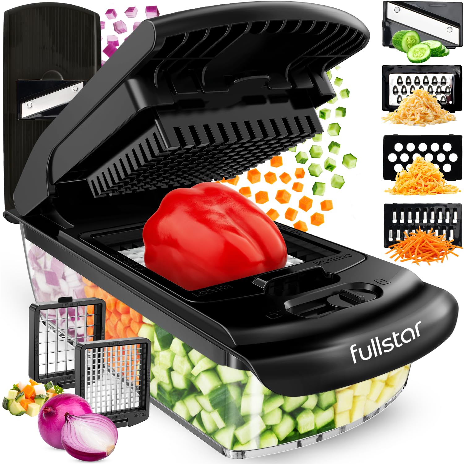 Fullstar Vegetable Chopper & Mandoline Slicer - Julienne Cutter Dicer Grater for Food Veggie Onion Cucumber Tomato Salad Potato Cheese - Kitchen Essentials & Gadgets (Compact 6-in-1, White)