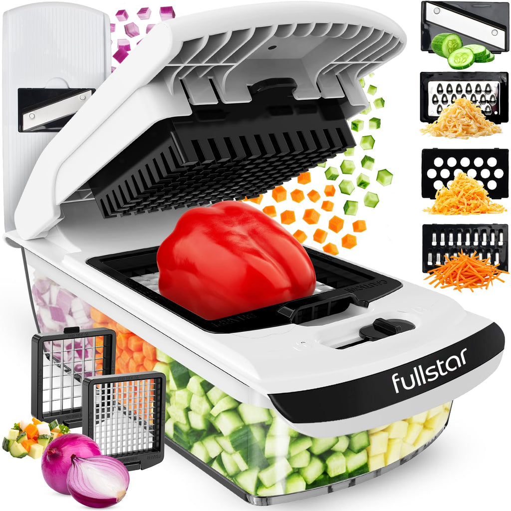 Fullstar Vegetable Chopper & Mandoline Slicer - Julienne Cutter Dicer Grater for Food Veggie Onion Cucumber Tomato Salad Potato Cheese - Kitchen Essentials & Gadgets (Compact 6-in-1, White)