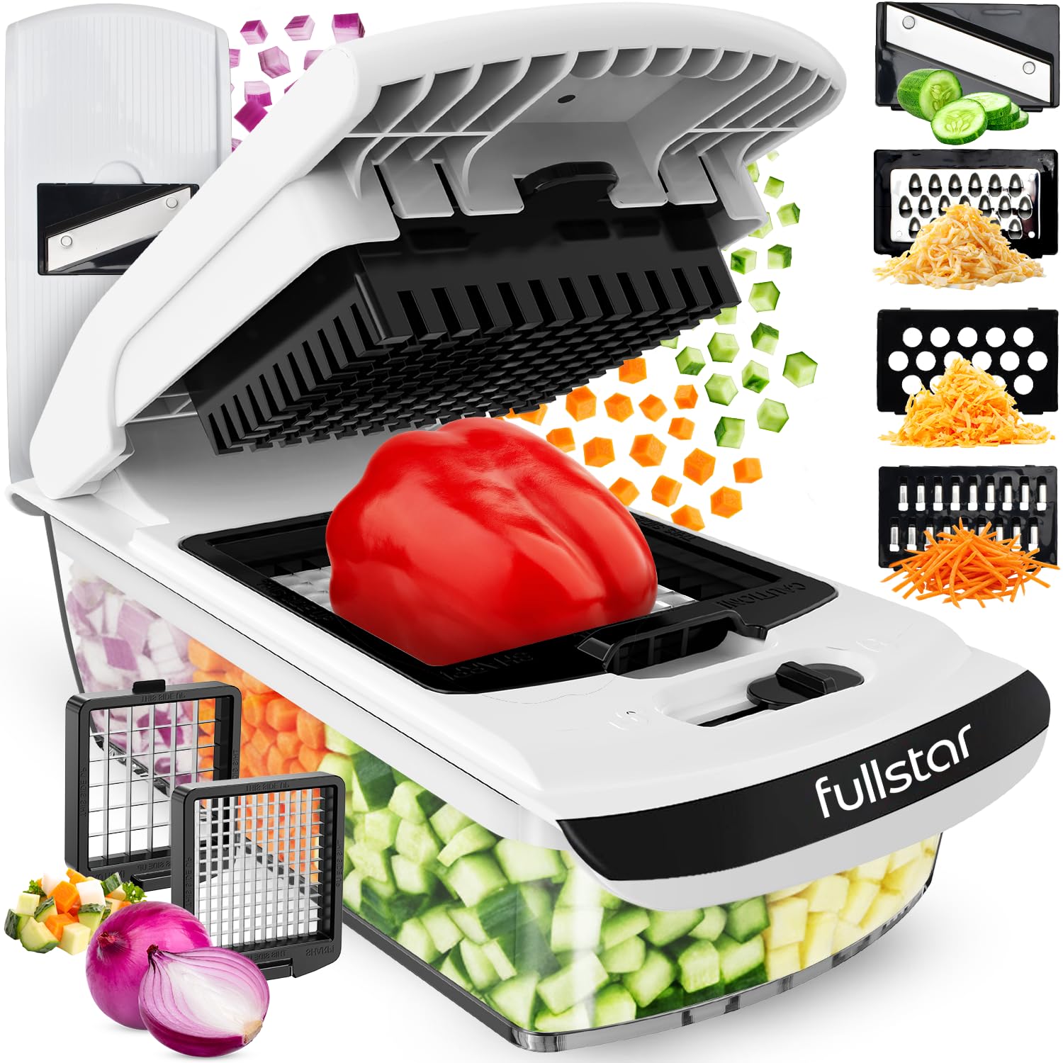 Fullstar Vegetable Chopper & Mandoline Slicer - Julienne Cutter Dicer Grater for Food Veggie Onion Cucumber Tomato Salad Potato Cheese - Kitchen Essentials & Gadgets (Compact 6-in-1, White)