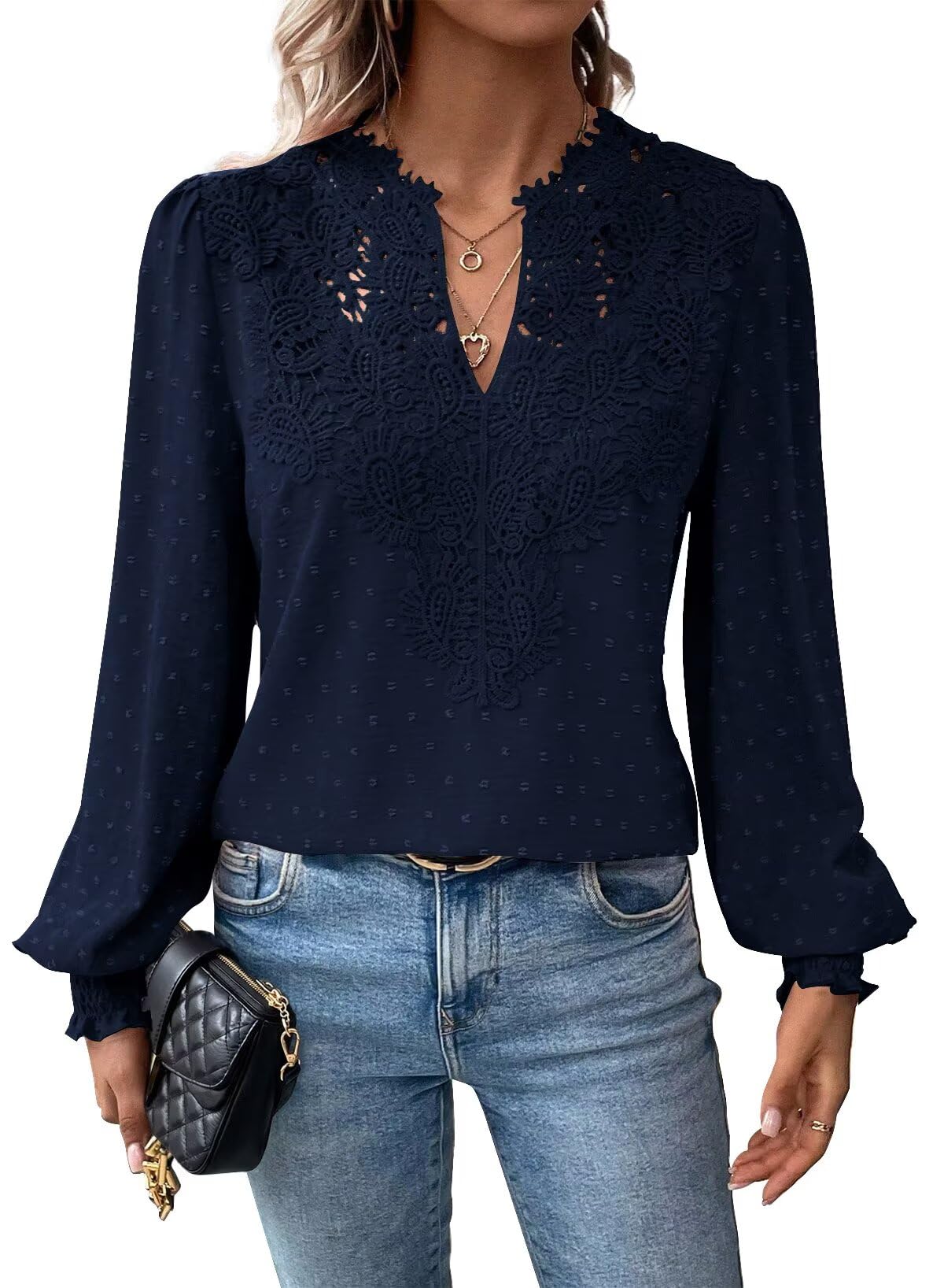 Falechay Womens Tops Swiss Dot Boho Long Sleeve Shirts V Neck Casual Chiffon Blouses Flowy Lace Hem Cute Clothing Trendy 2026