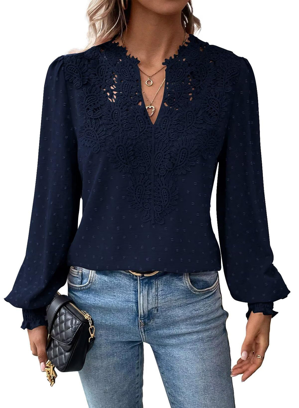 Falechay Womens Tops Swiss Dot Boho Long Sleeve Shirts V Neck Casual Chiffon Blouses Flowy Lace Hem Cute Clothing Trendy 2026