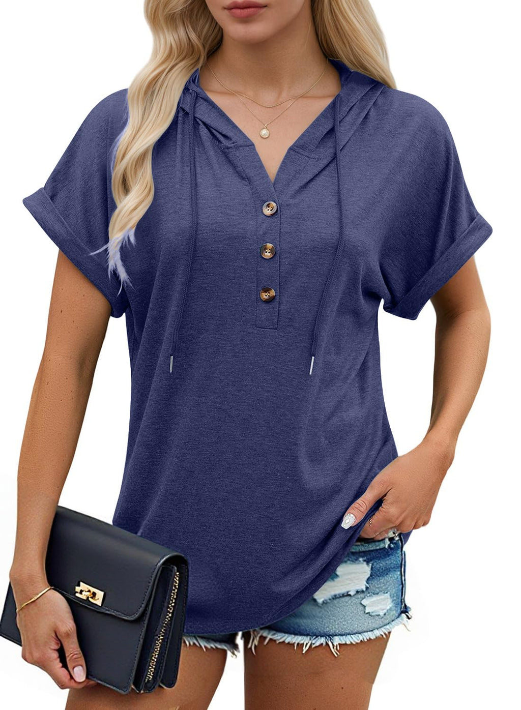 isermeo Womens Oversized Short Rolled Sleeve Summer Hoodie T Shirt 2024 Trendy Henley Button Tshirts S-XXL