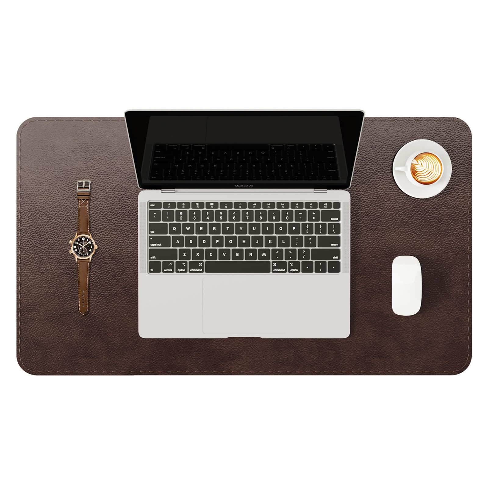 Tapis de bureau en cuir marron foncé, surpiqûre, base antidérapante, pour ordinateur portable