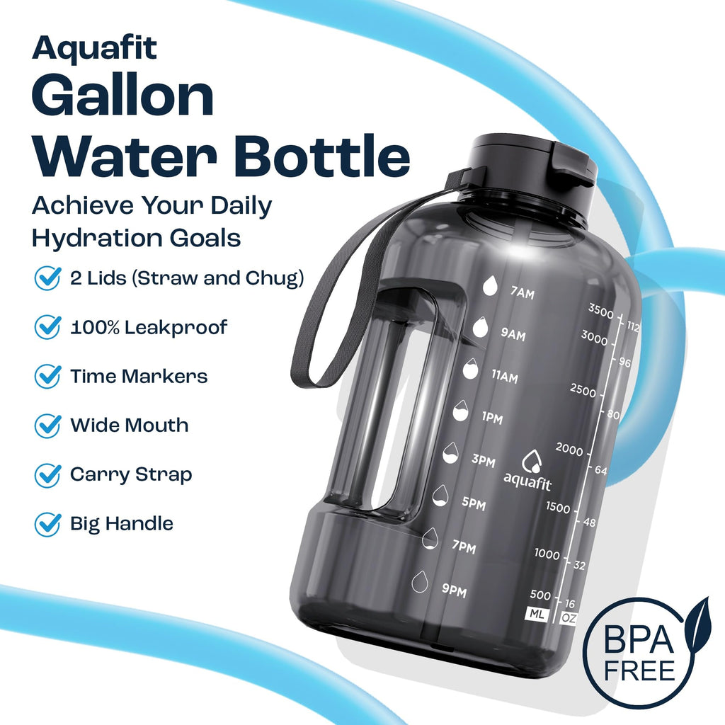 AQUAFIT 1 Gallon Water Bottle with Straw - 4l Water Bottle Time Marker - Motivational Gym Water Bottles 4l - 4 litre Water Bottles 1 Gallon 128 oz - Big Water Jug Large Water Bottle Gray