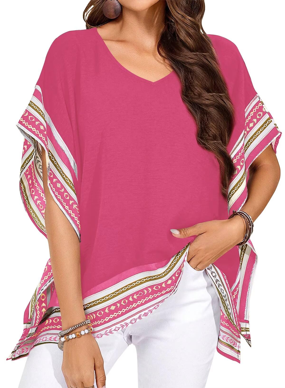 Falechay Women's Casual V Neck Floral Tops Batwing Sleeve Blouse Loose Fitting Shirts Boho Flowy Side Slit Tees