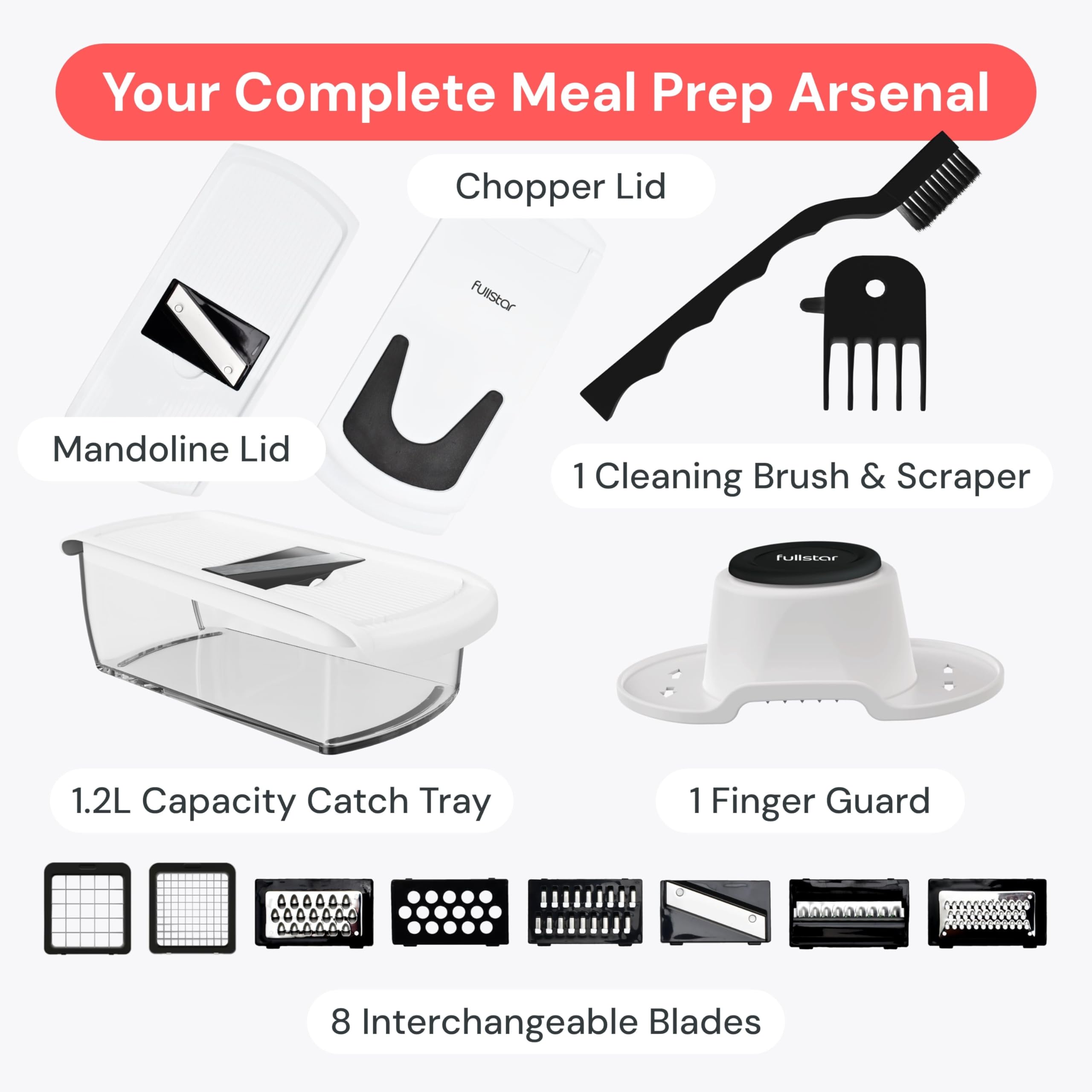 Fullstar Vegetable Chopper & Mandoline Slicer - Julienne Cutter Dicer Grater for Food Veggie Onion Cucumber Tomato Salad Potato Cheese - Kitchen Essentials & Gadgets (Compact 6-in-1, White)