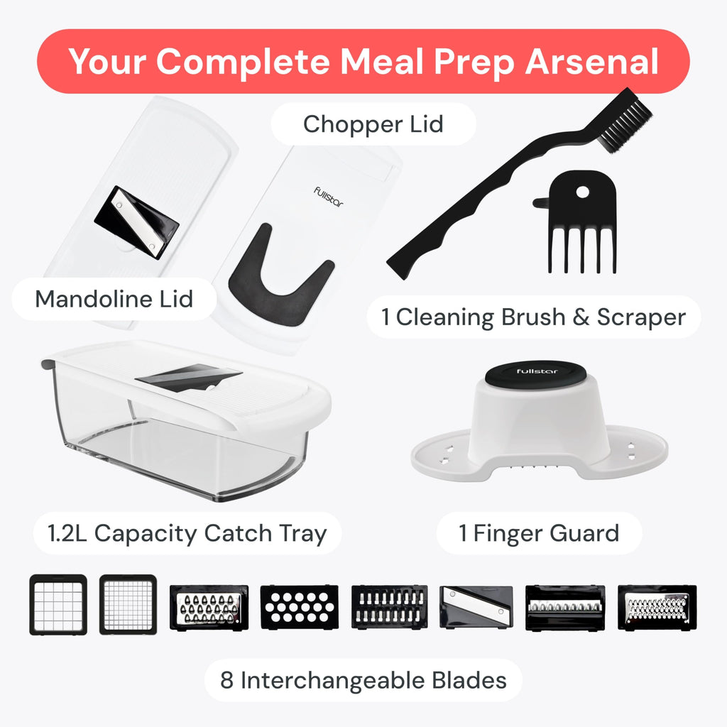 Fullstar Vegetable Chopper & Mandoline Slicer - Julienne Cutter Dicer Grater for Food Veggie Onion Cucumber Tomato Salad Potato Cheese - Kitchen Essentials & Gadgets (Compact 6-in-1, White)