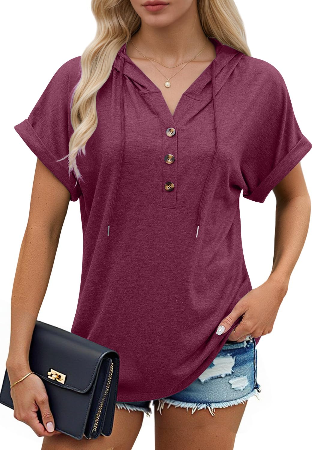 isermeo Womens Oversized Short Rolled Sleeve Summer Hoodie T Shirt 2024 Trendy Henley Button Tshirts S-XXL