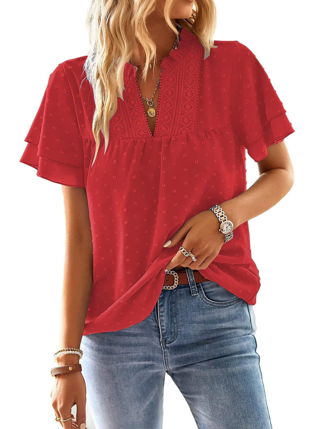 Falechay Womens Tops Butterfly Sleeve V Neck Blouses for Women Dressy Casual Flowy Swiss Dot Ruffle Short Sleeve Shirts