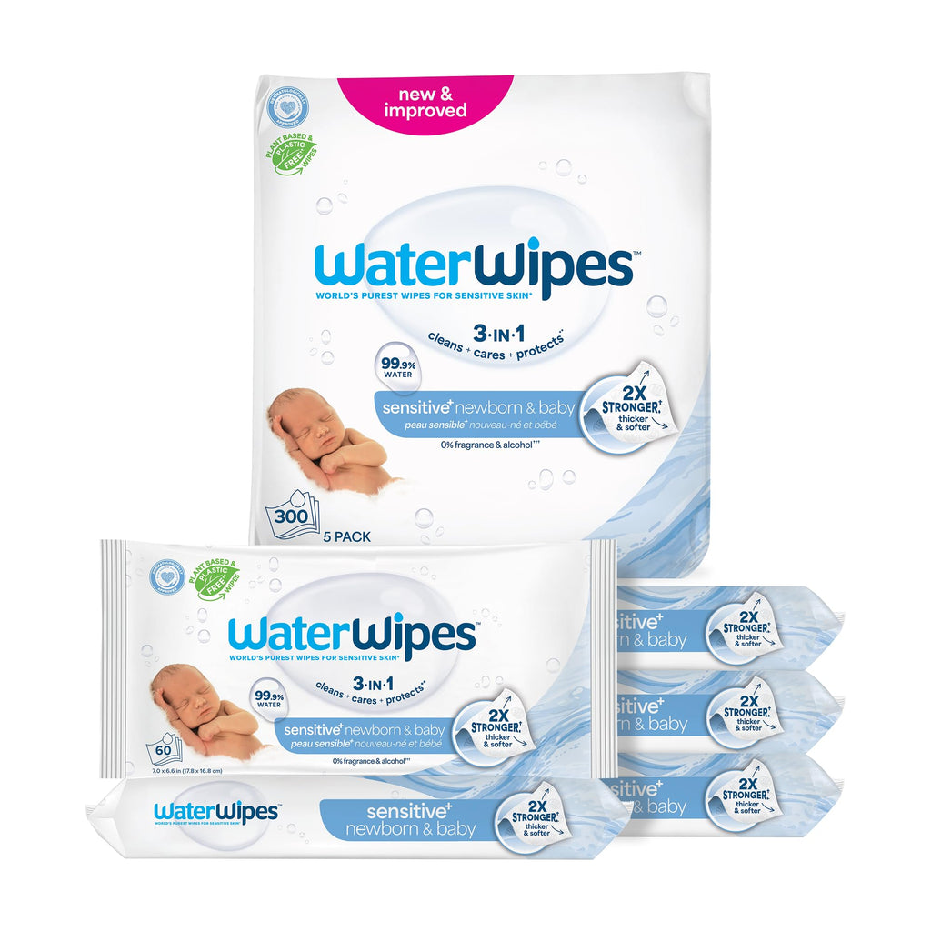 WaterWipes Sensitive+ Newborn & Baby Wipes, 3-In-1 Cleans, Cares, Protects, 99.9% Water, Unscented & Hypoallergenic, 720 Count (12 Packs)