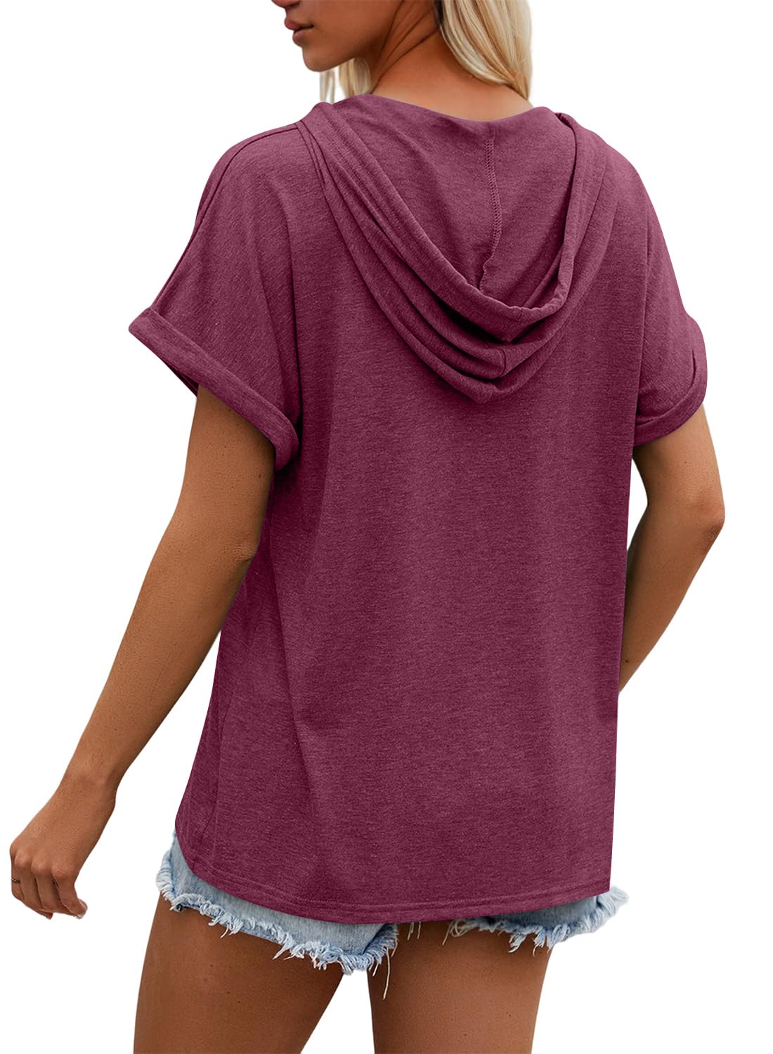 isermeo Womens Oversized Short Rolled Sleeve Summer Hoodie T Shirt 2024 Trendy Henley Button Tshirts S-XXL