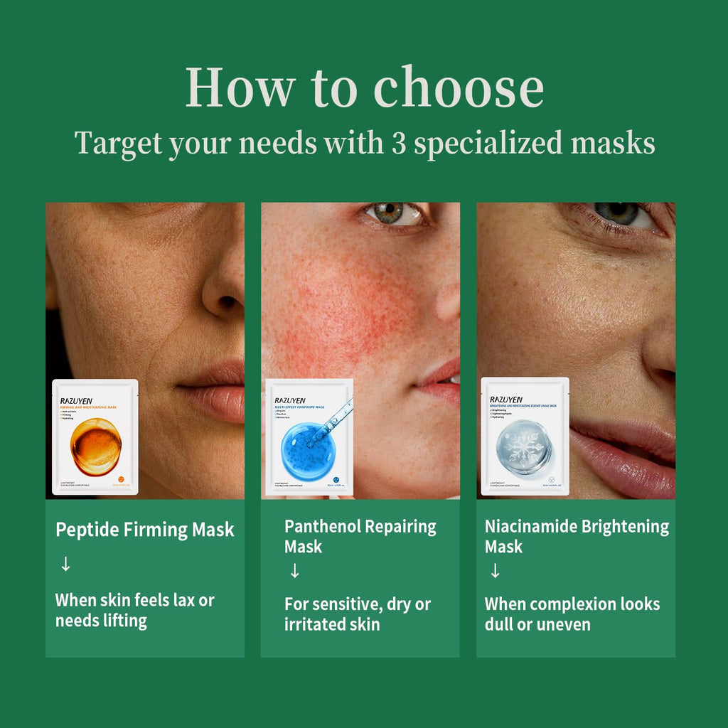 Trois masques visage en pochettes et gros plans du visage, peau et joues