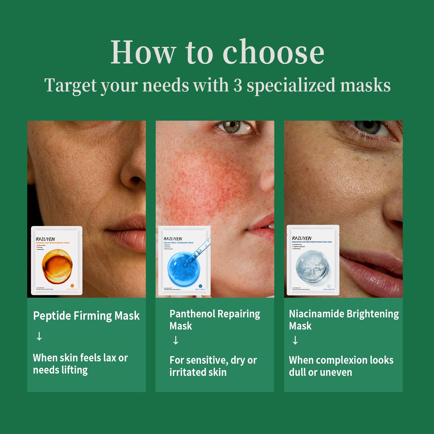 Trois masques visage en pochettes et gros plans du visage, peau et joues