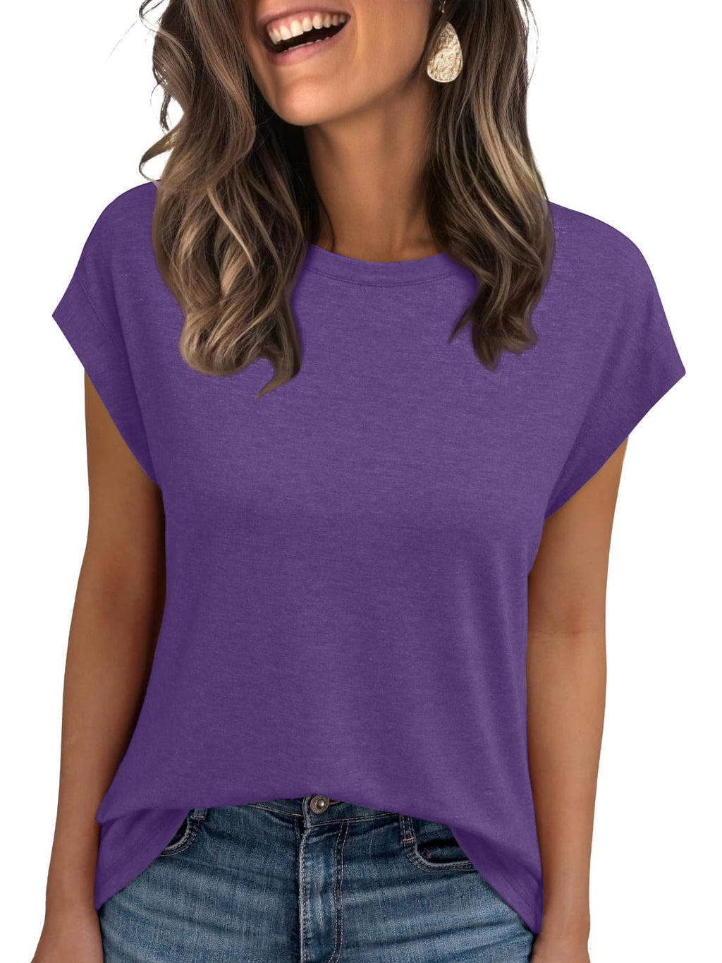 isermeo Womens Summer Tops Cap Sleeve T Shirts Crew Neck Outfits Cute Trendy Tunic Blouses 2026 S-XXL