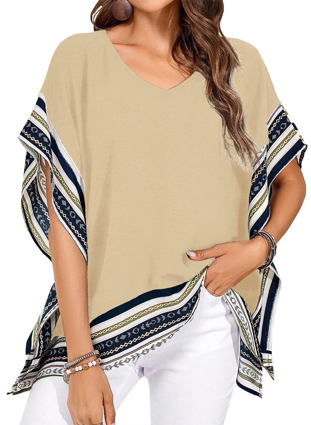 Falechay Women's Casual V Neck Floral Tops Batwing Sleeve Blouse Loose Fitting Shirts Boho Flowy Side Slit Tees
