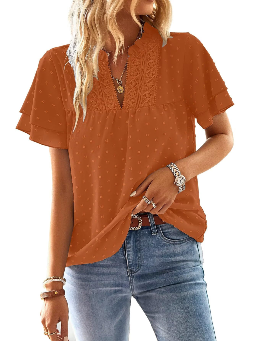 Falechay Womens Tops Butterfly Sleeve V Neck Blouses for Women Dressy Casual Flowy Swiss Dot Ruffle Short Sleeve Shirts