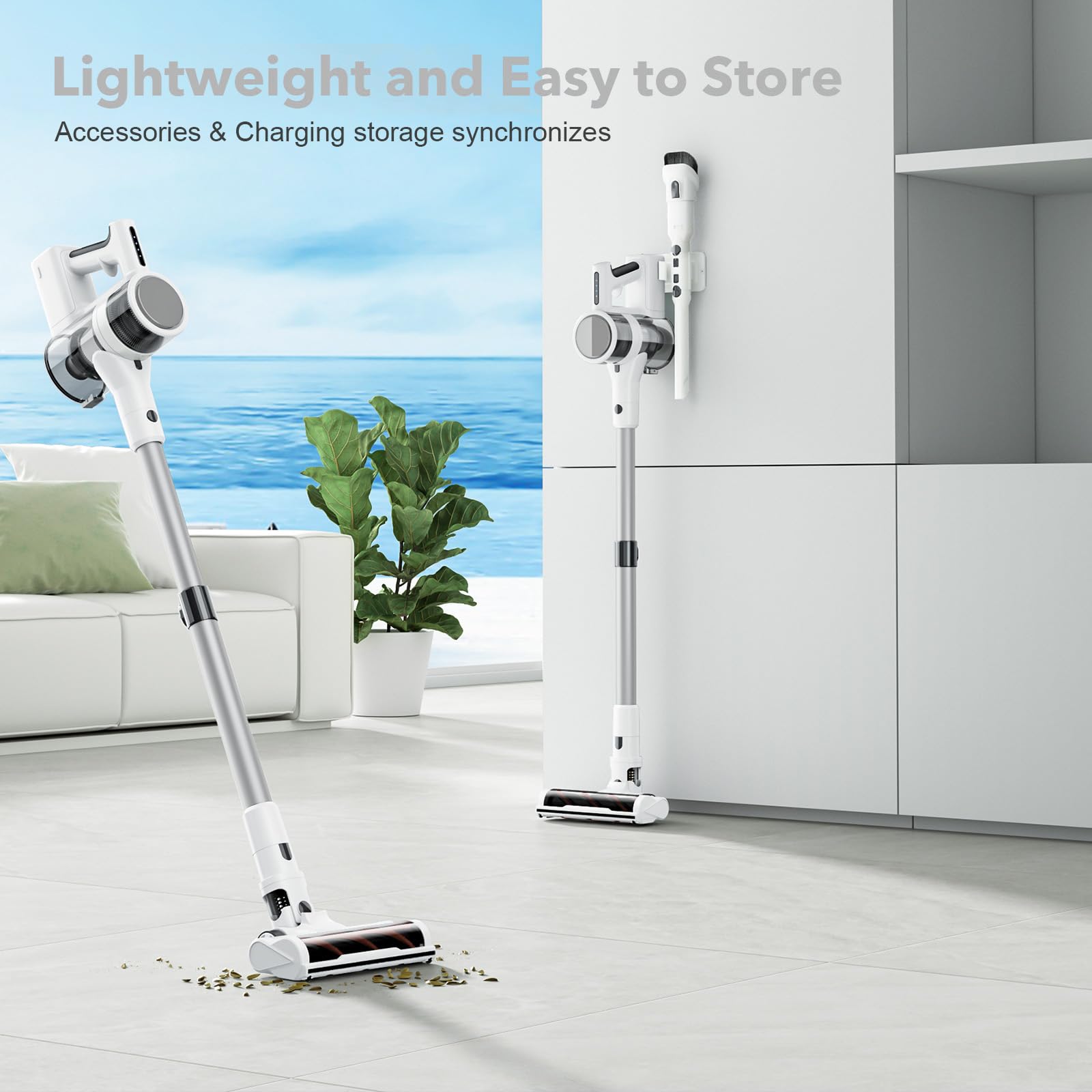 4 in 1 Cordless Vacuum for Home, 80,000PRM Powerful Motor Vacuum Cleaner with 2 Adjustable Modes, Max 40 Mins Runtime Rechargeable Battery and Washable Parts Stick Vacuum (Zinc White)