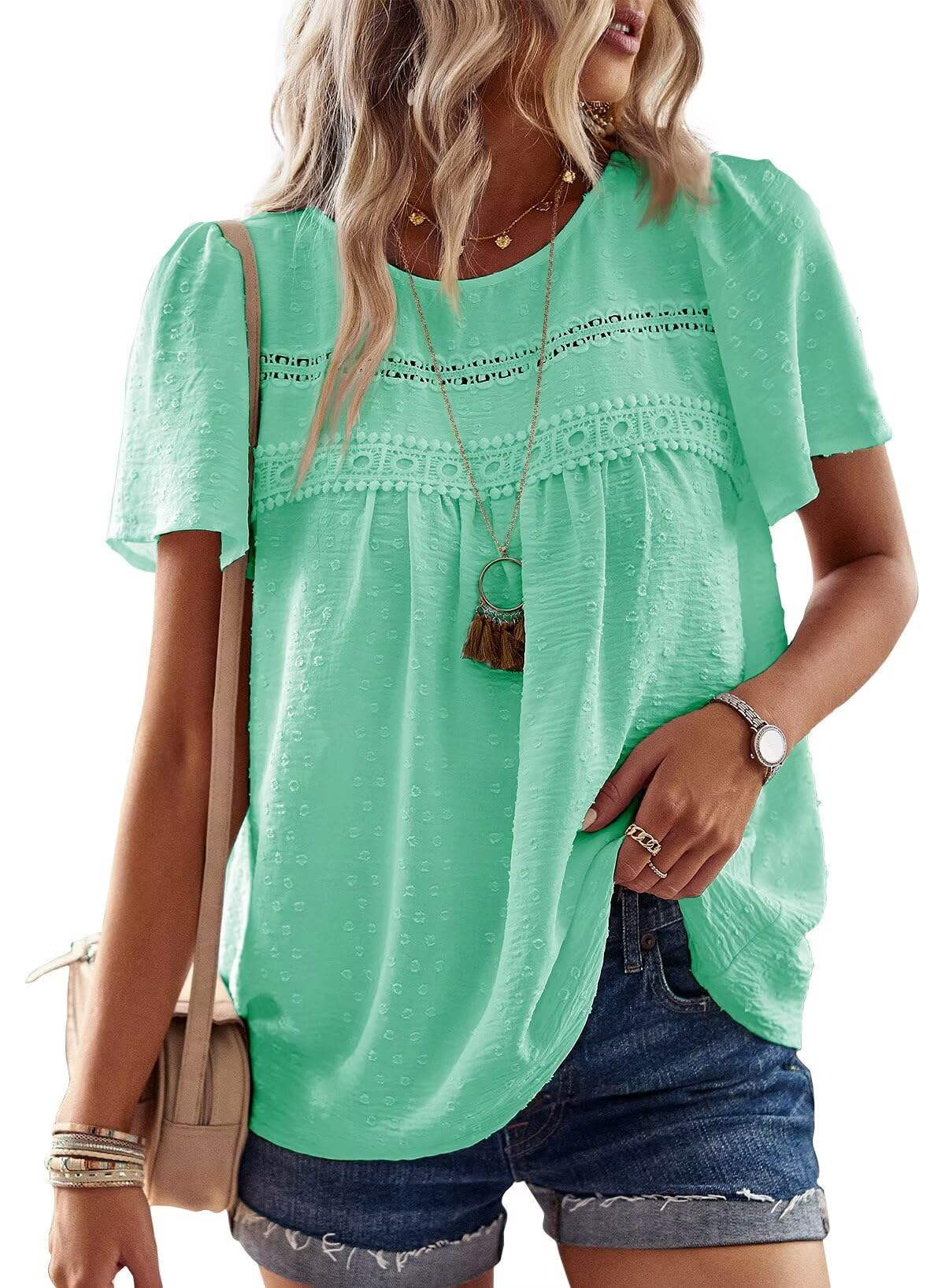 Falechay Womens Summer Tops Crewneck Short Sleeve Shirts Casual Chiffon Blouses Flowy Lace Hem Boho Clothing Trendy 2026