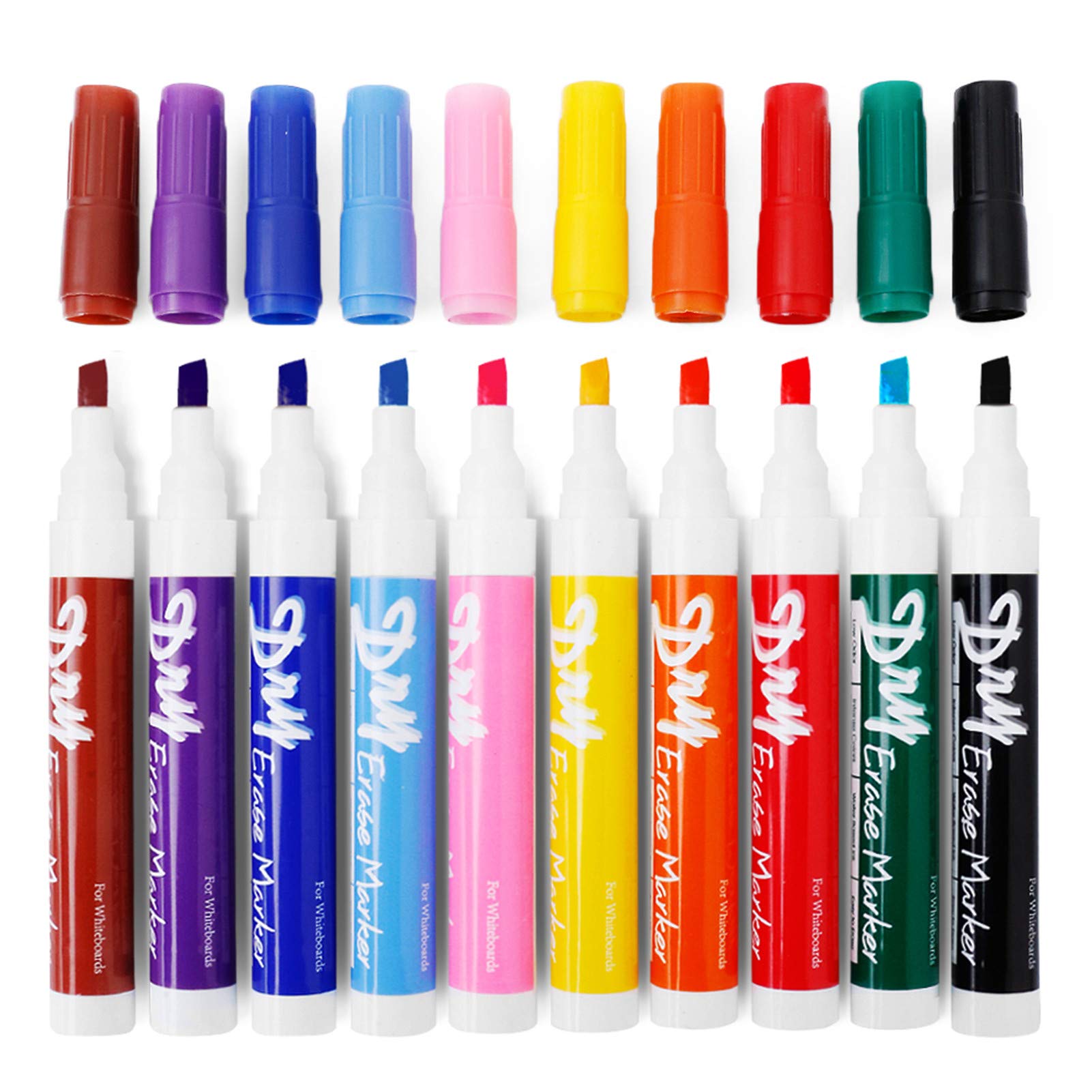 Lot de 10 marqueurs effaçables à pointe biseau, couleurs variées, corps colorés