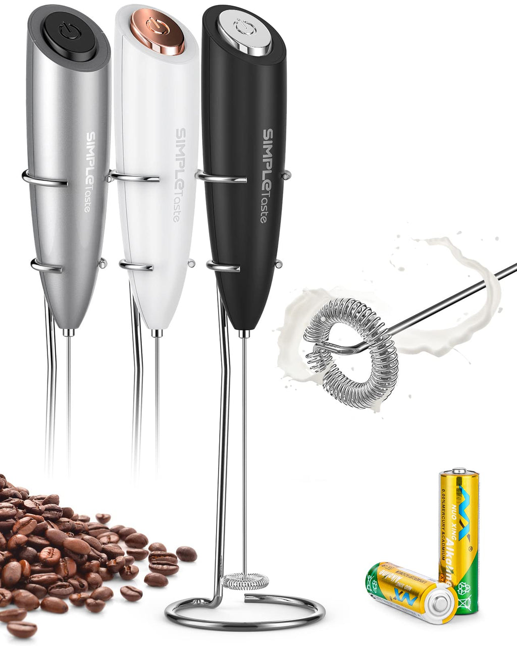 SIMPLETASTE Milk Frother Handheld Electric Foam Maker, Drink Mixer with Stainless Steel Whisk for Cappuccino, Bulletproof Coffee, Latte, Blizzard White, Without Stand, Battery Operated
