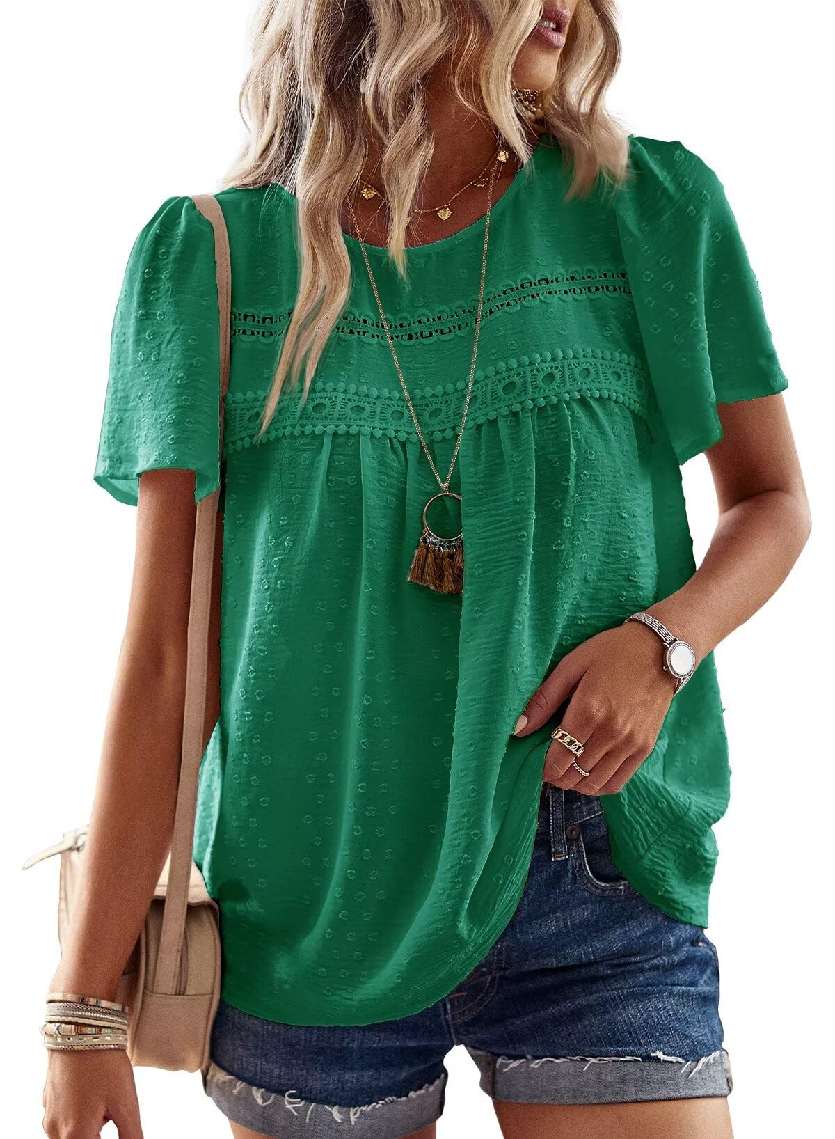 Falechay Womens Summer Tops Crewneck Short Sleeve Shirts Casual Chiffon Blouses Flowy Lace Hem Boho Clothing Trendy 2026