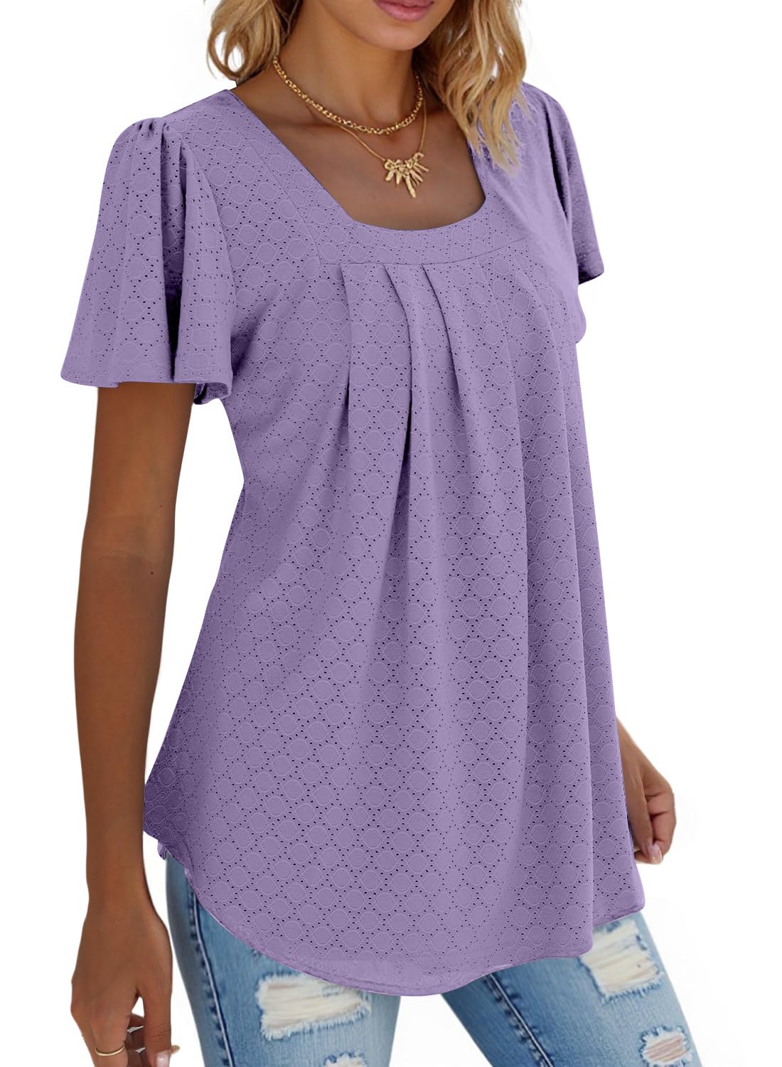 isermeo Summer Tops for Women Pleated Square Neck Ruffle Sleeve Shirts Casual Loose Flowy Curved Hem Tunic S-XXL