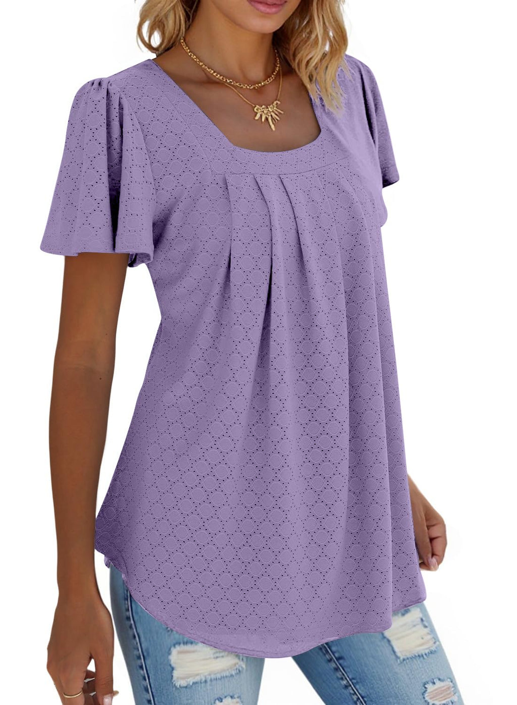 isermeo Summer Tops for Women Pleated Square Neck Ruffle Sleeve Shirts Casual Loose Flowy Curved Hem Tunic S-XXL
