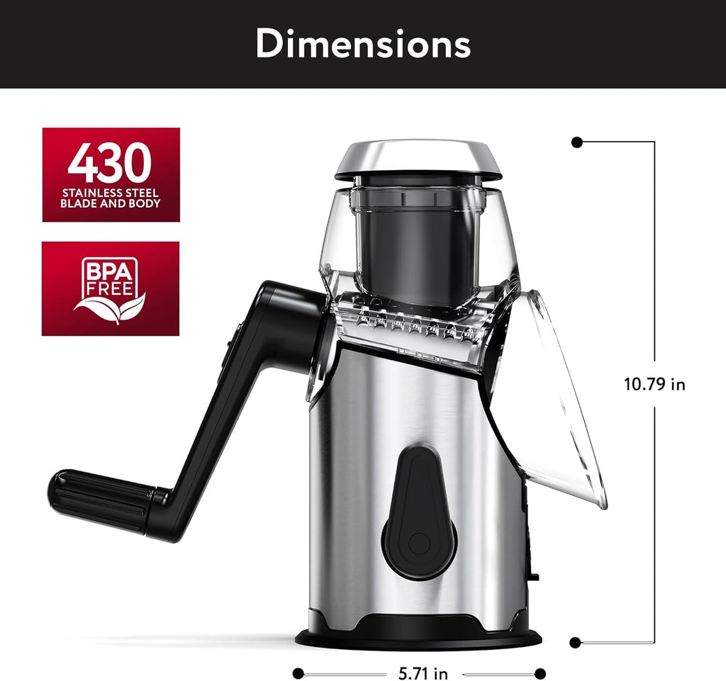 Cheese Grater Rotary Handheld - Vegetable Slicer - Stainless Steel Body & 3 Interchangeable Blades - Cheese Veggies Nuts Shredder - Non-Slip Base - Fast & Easy to Use Kitchen Gadget