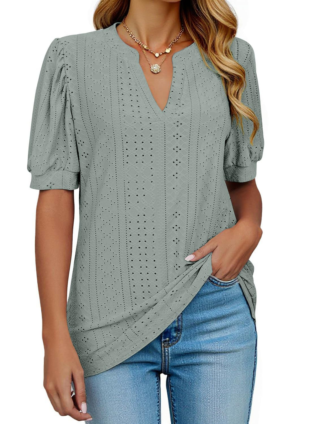 isermeo Womens Shirts Casual V Neck Tshirts Puff Short Sleeve Summer Tops Tunic Blouses S-XXL