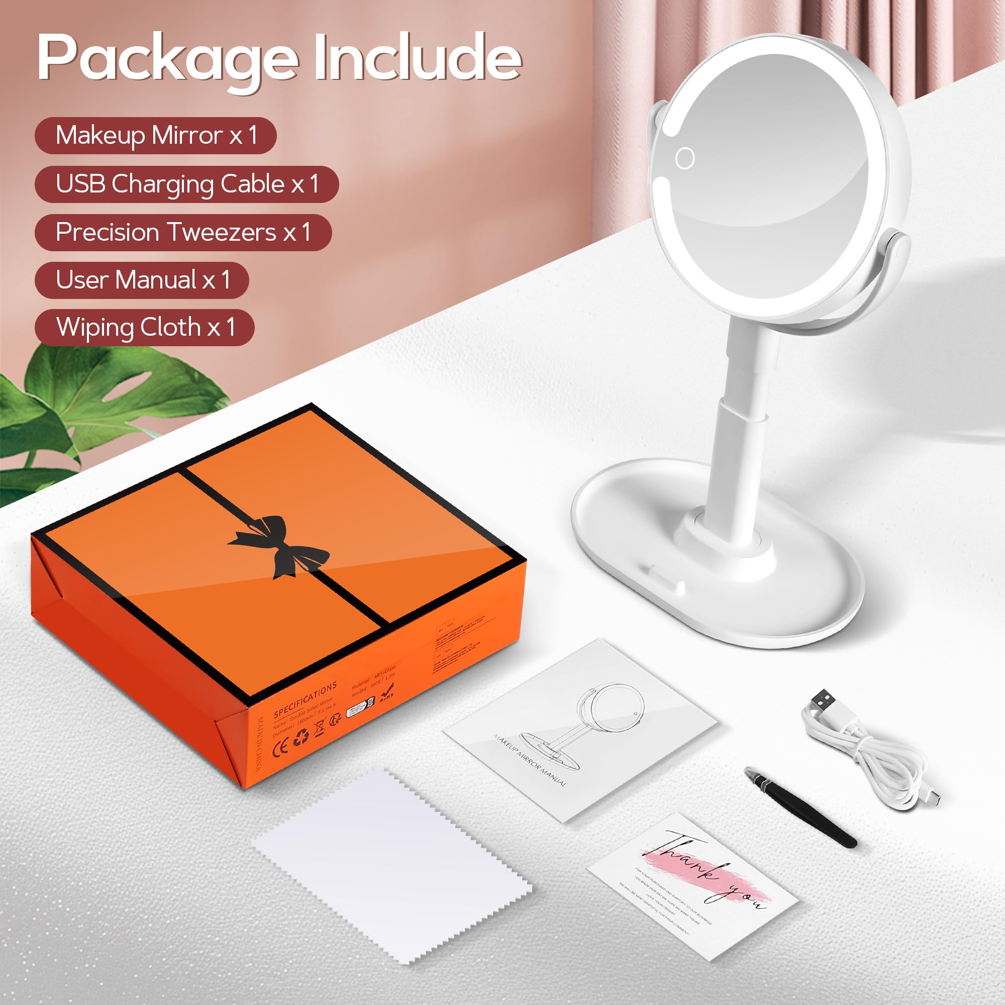 Miroir de maquillage sur pied blanc, accessoires et câble dans le coffret