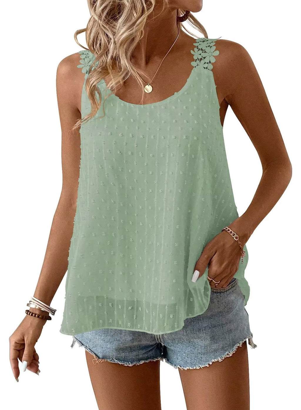 Falechay Womens Tank Tops Flowy Sleeveless Summer Boho Tank Top for Women Crewneck Spaghetti Strap Lace Camisole Shirts
