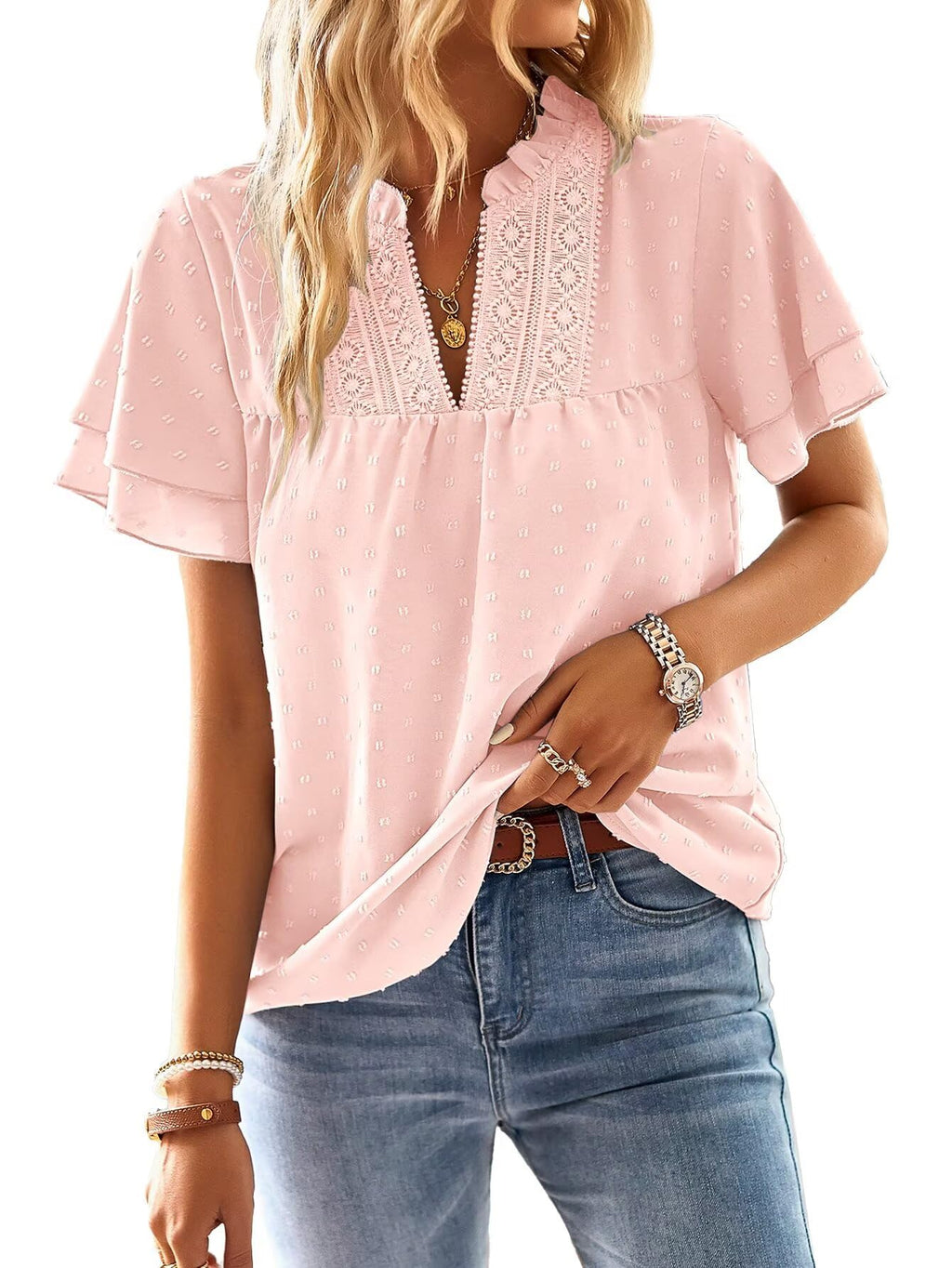 Falechay Womens Tops Butterfly Sleeve V Neck Blouses for Women Dressy Casual Flowy Swiss Dot Ruffle Short Sleeve Shirts