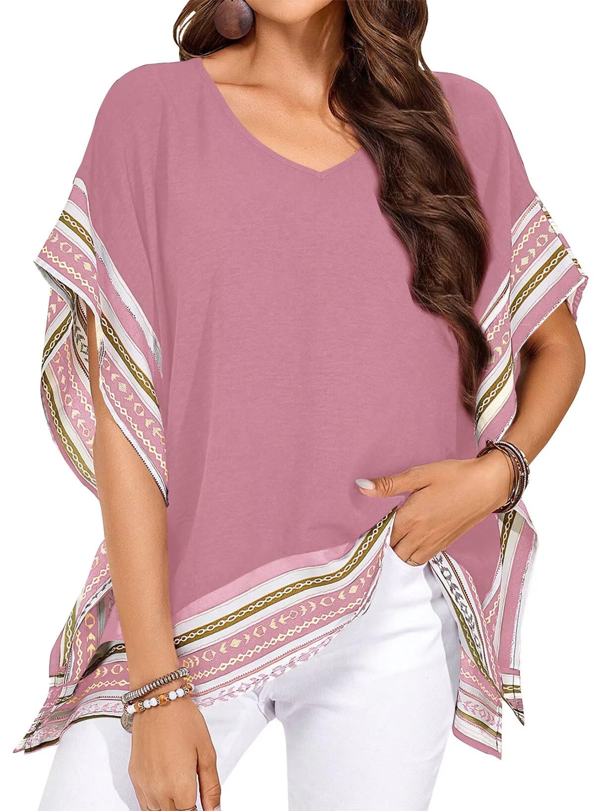 Falechay Women's Casual V Neck Floral Tops Batwing Sleeve Blouse Loose Fitting Shirts Boho Flowy Side Slit Tees
