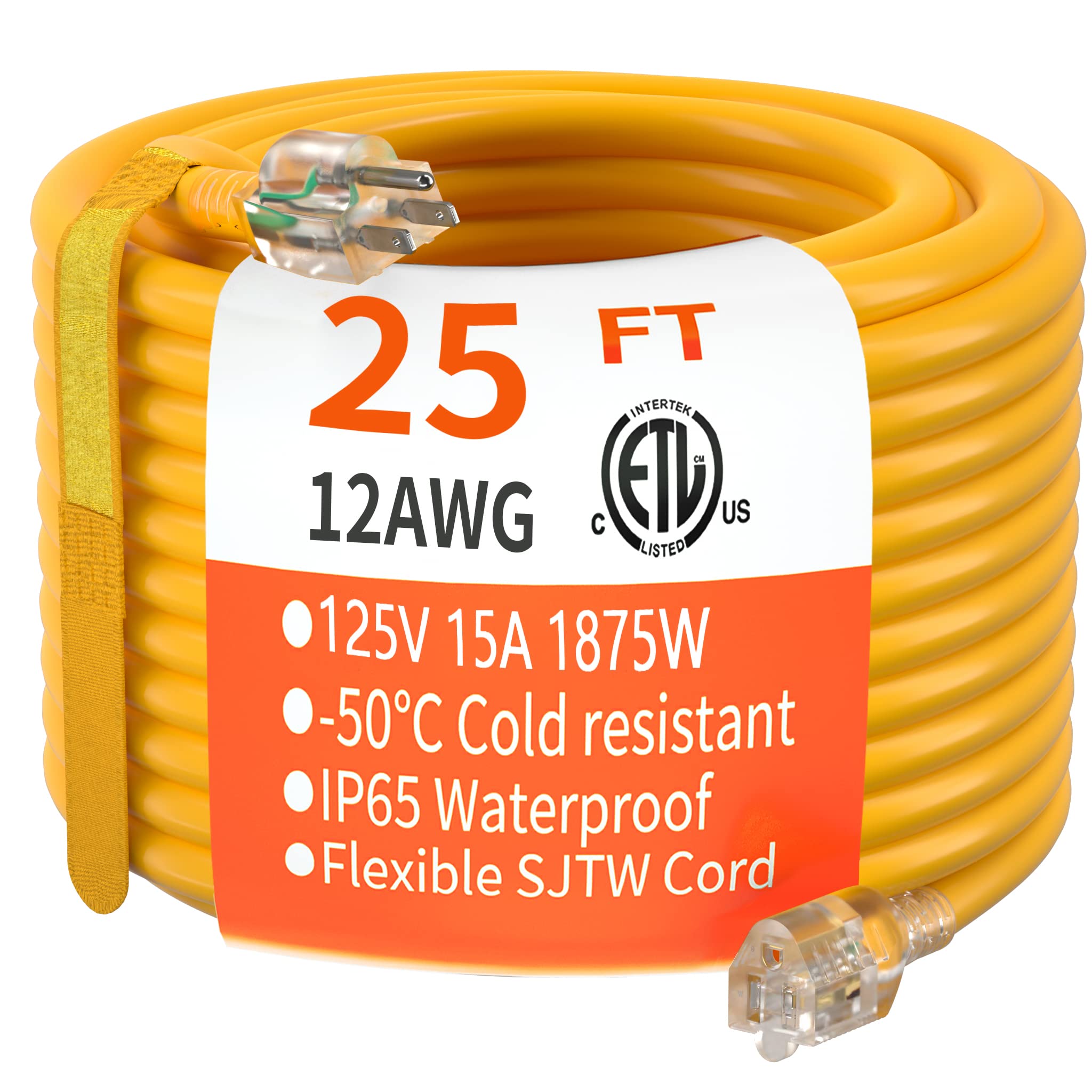 Rallonge électrique jaune enroulée avec fiche 3 broches, calibre 12AWG