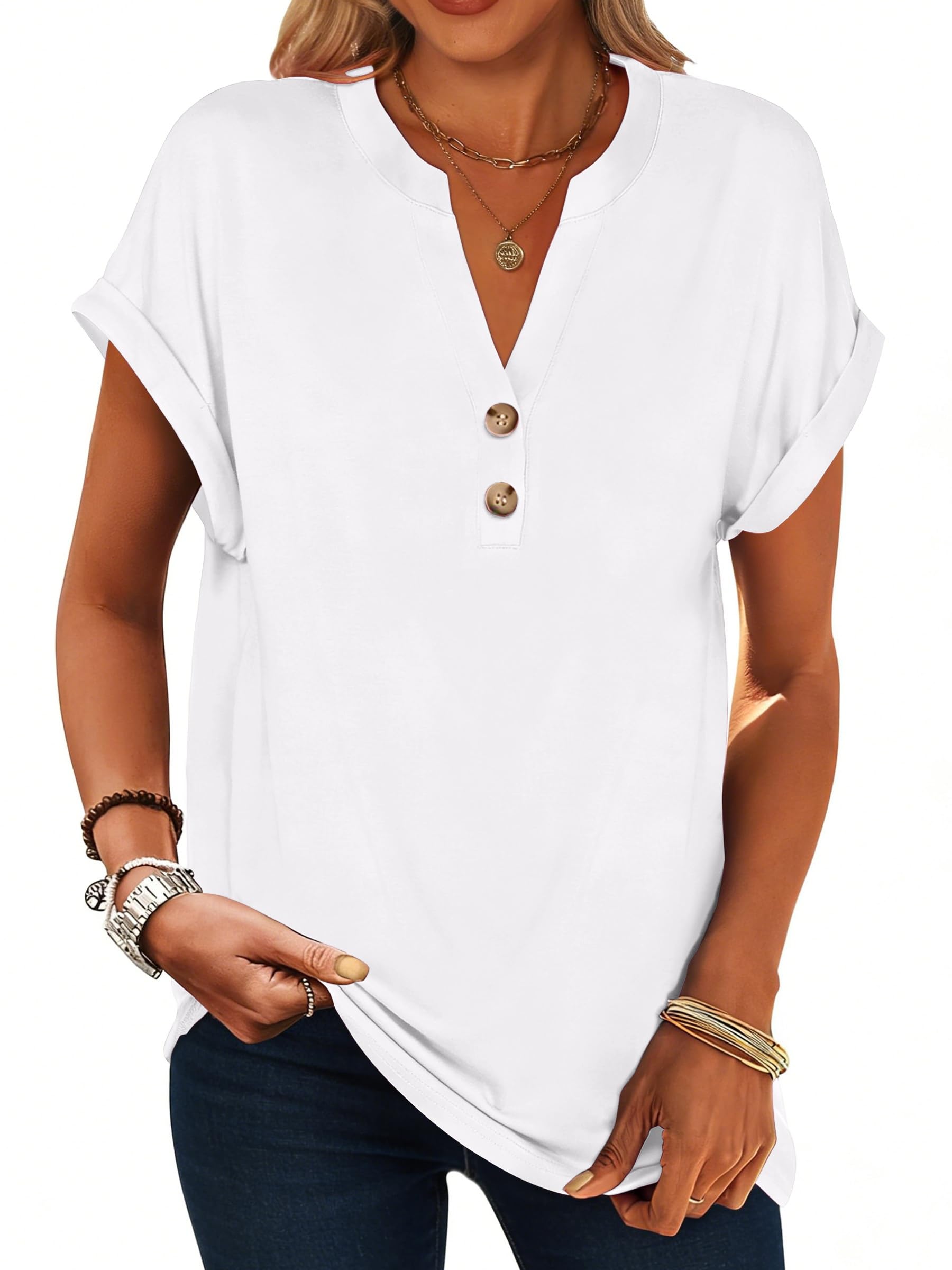 isermeo Womens Short Sleeve Henley Tops V Neck Dressy Casual Blouses Summer Tee Shirts 2026 Trendy Button Clothes S-XXL